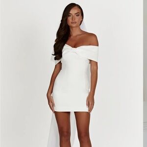 Meshki Gwyneth off shoulder bow mini dress